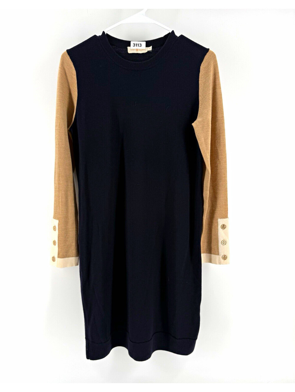Tory Burch Colorblock Merino Wool Knit Sweater Dress Crew Neck S/P Navy Tan